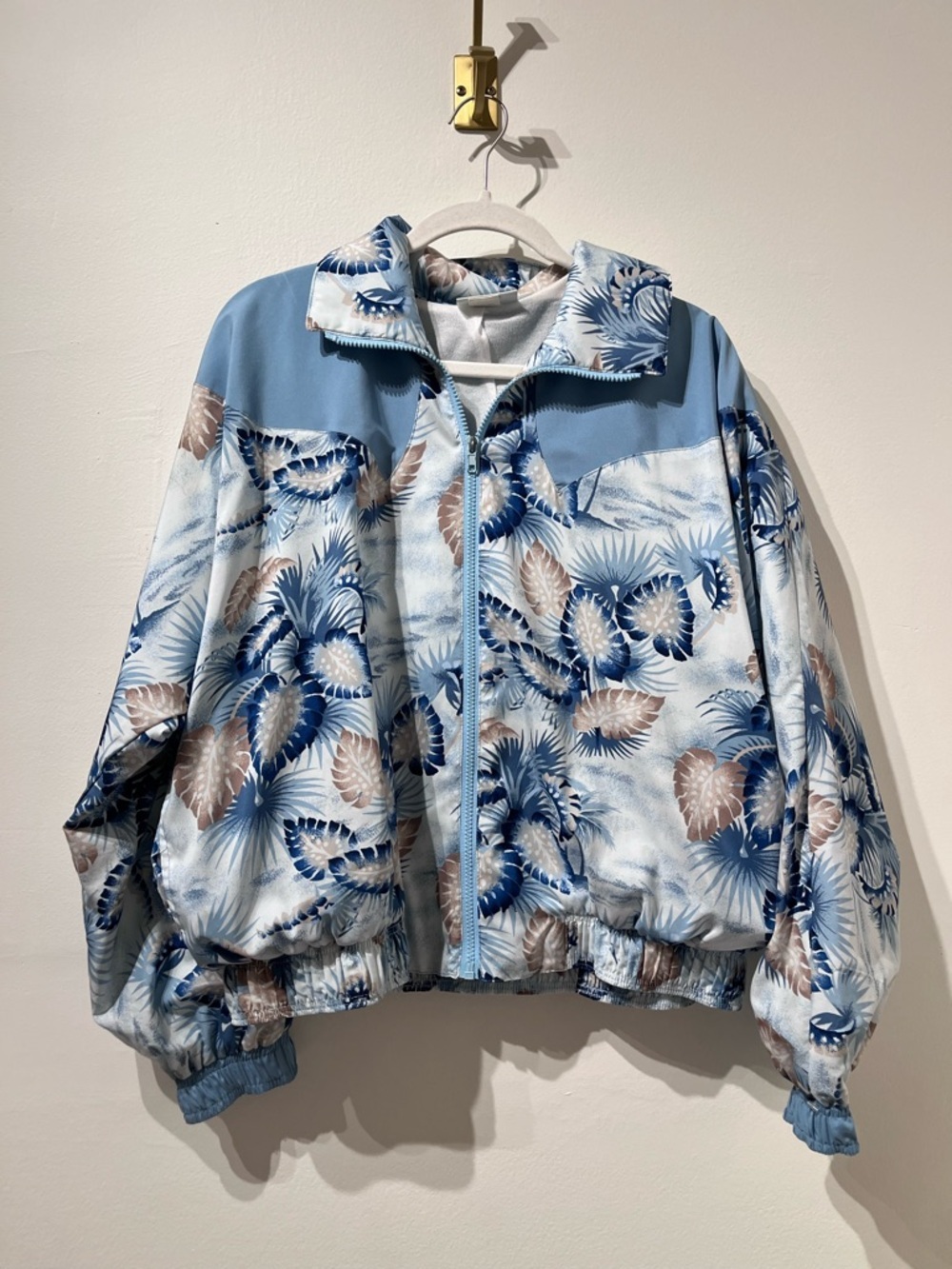 Vintage 80's Oversized Lightweight Palm Tree Blue White Bomber Jacket Medium
